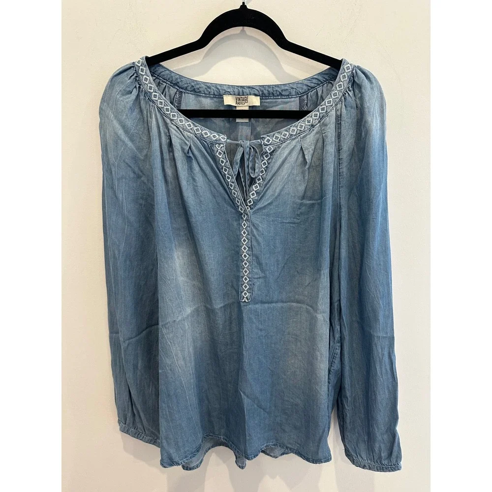 Vintage America Blues Carmella Lyocell Embroidered Blouse XL Blue Denim Look Top